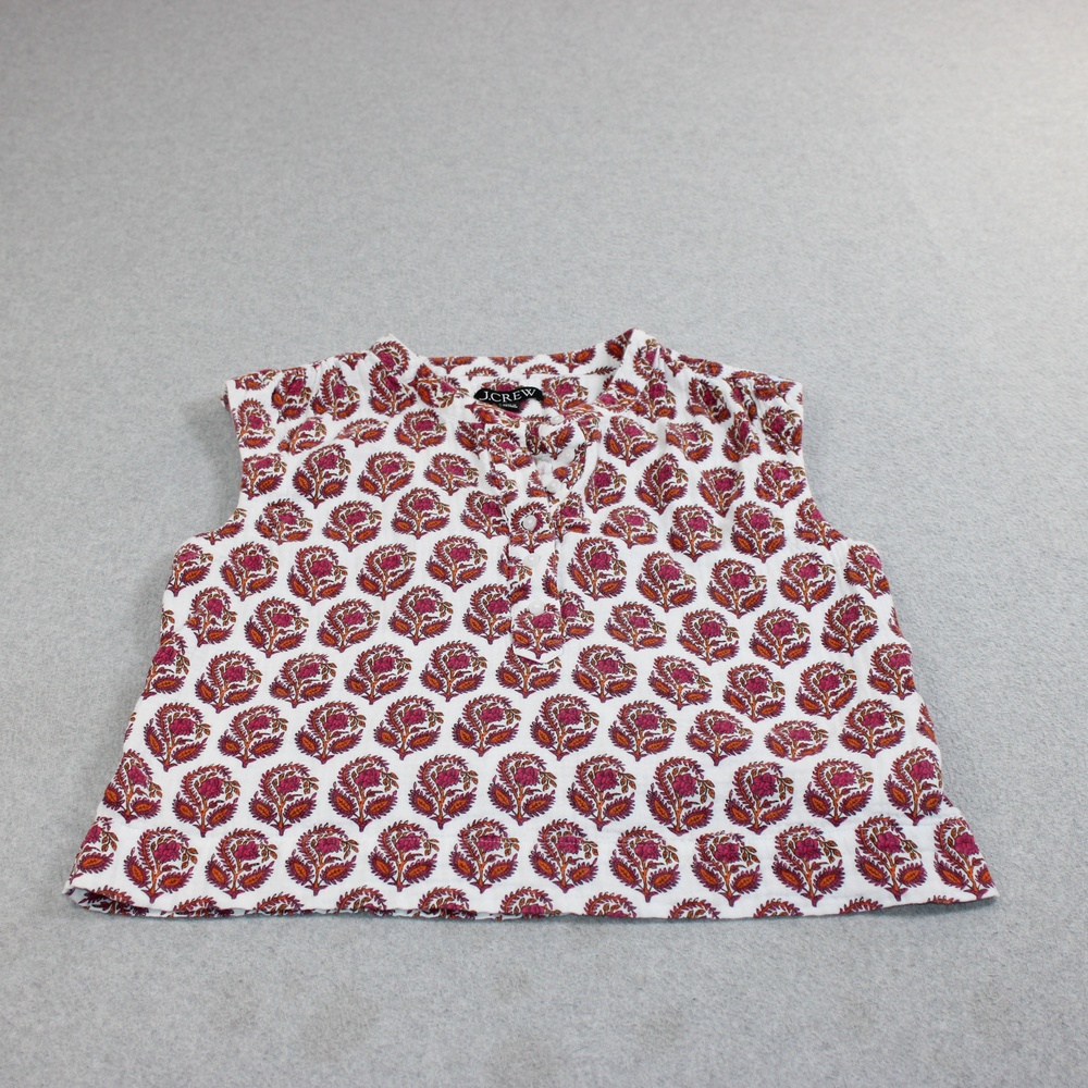 J Crew Shirt Women Small White Floral Henley Sleeveless Cotton Colorful Art Boho